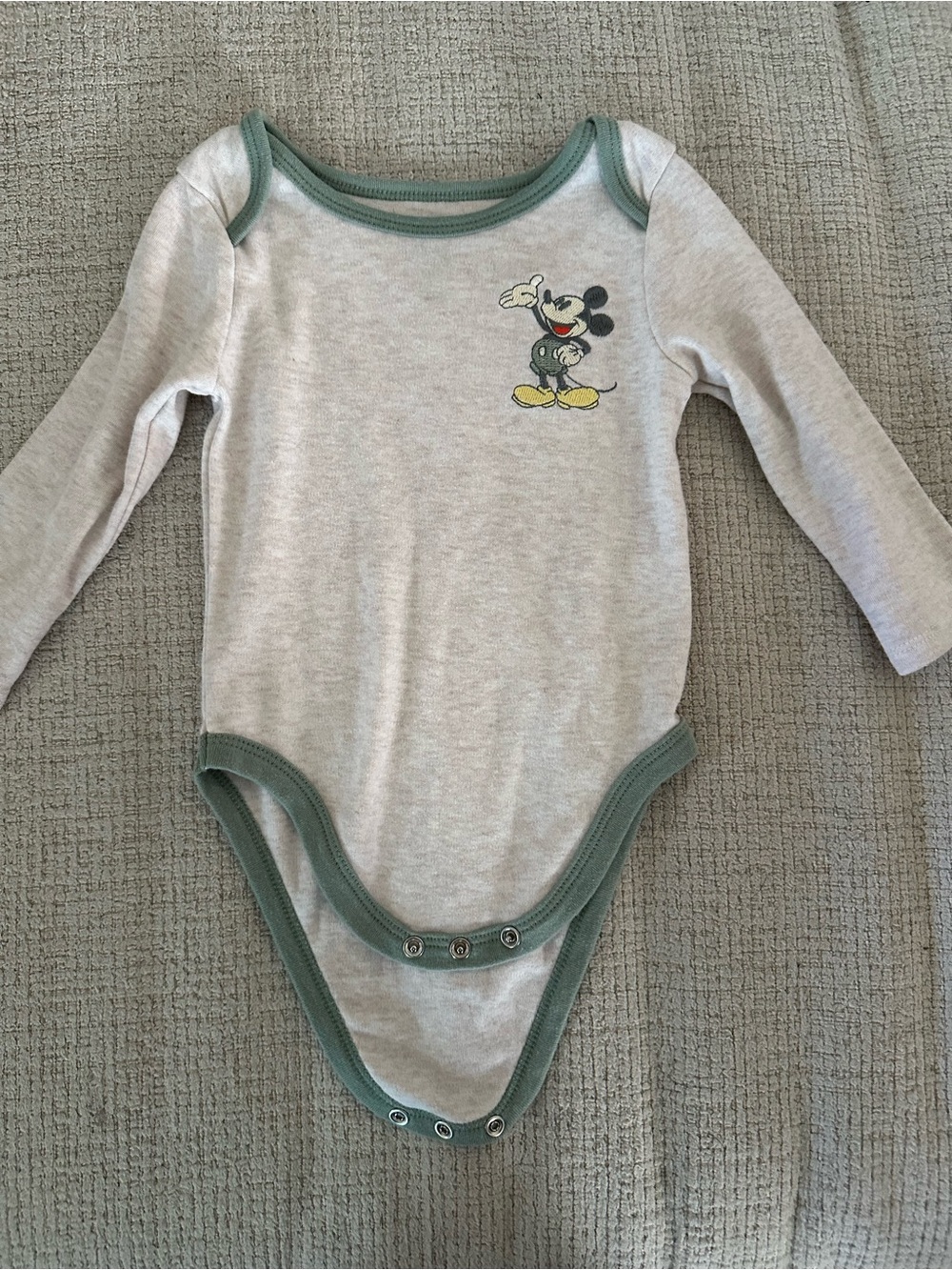 Disney Mickey Mouse Gray & Green Long-Sleeve Baby One-Piece 12M